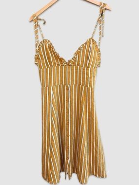 Fanco Button-Front Ruffle Trim Sundress w/Tie Straps in Mustard/White | Medium